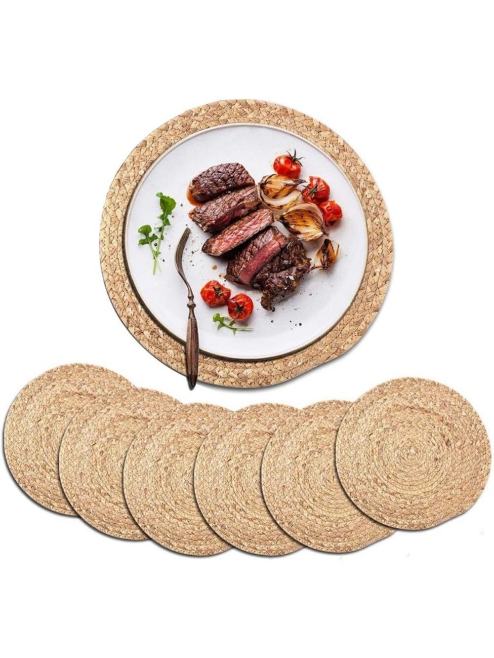 Set of 6 Natural Woven Round Placemats - 13.8” Non-Slip Braided Tablemats